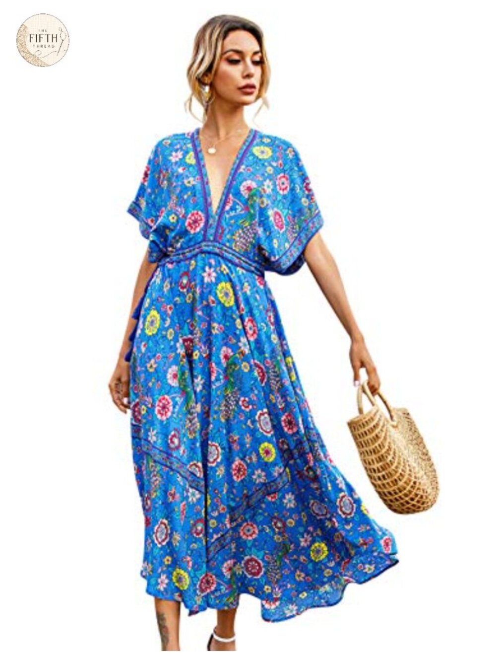 Women's Floral Midi Dress Deep V-Neck Short Sleeve Rayon Drawstring Waist
